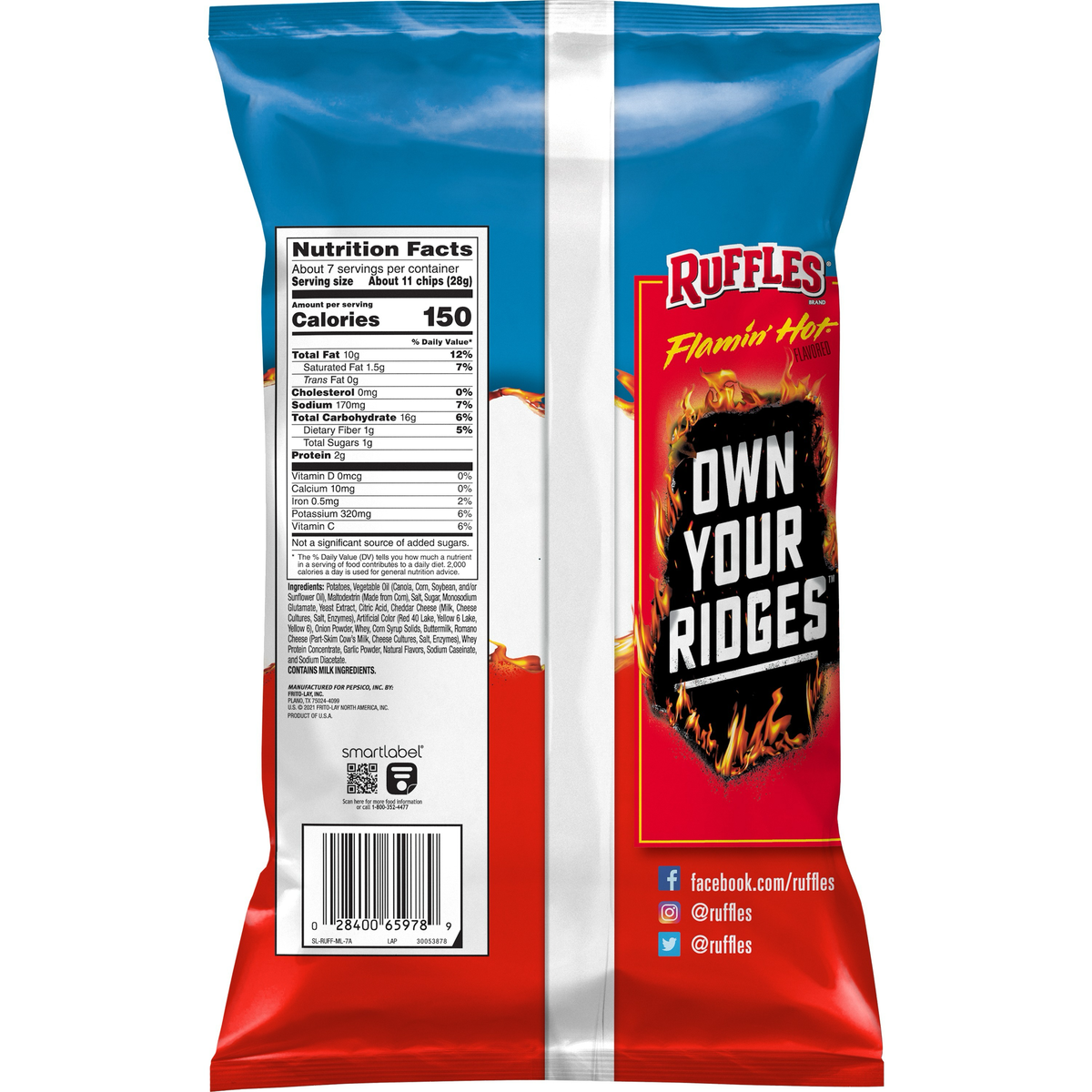 Ruffles Flamin Hot flavored chips in a bag, spicy confectionery snack with ruffled texture, bright red packaging.