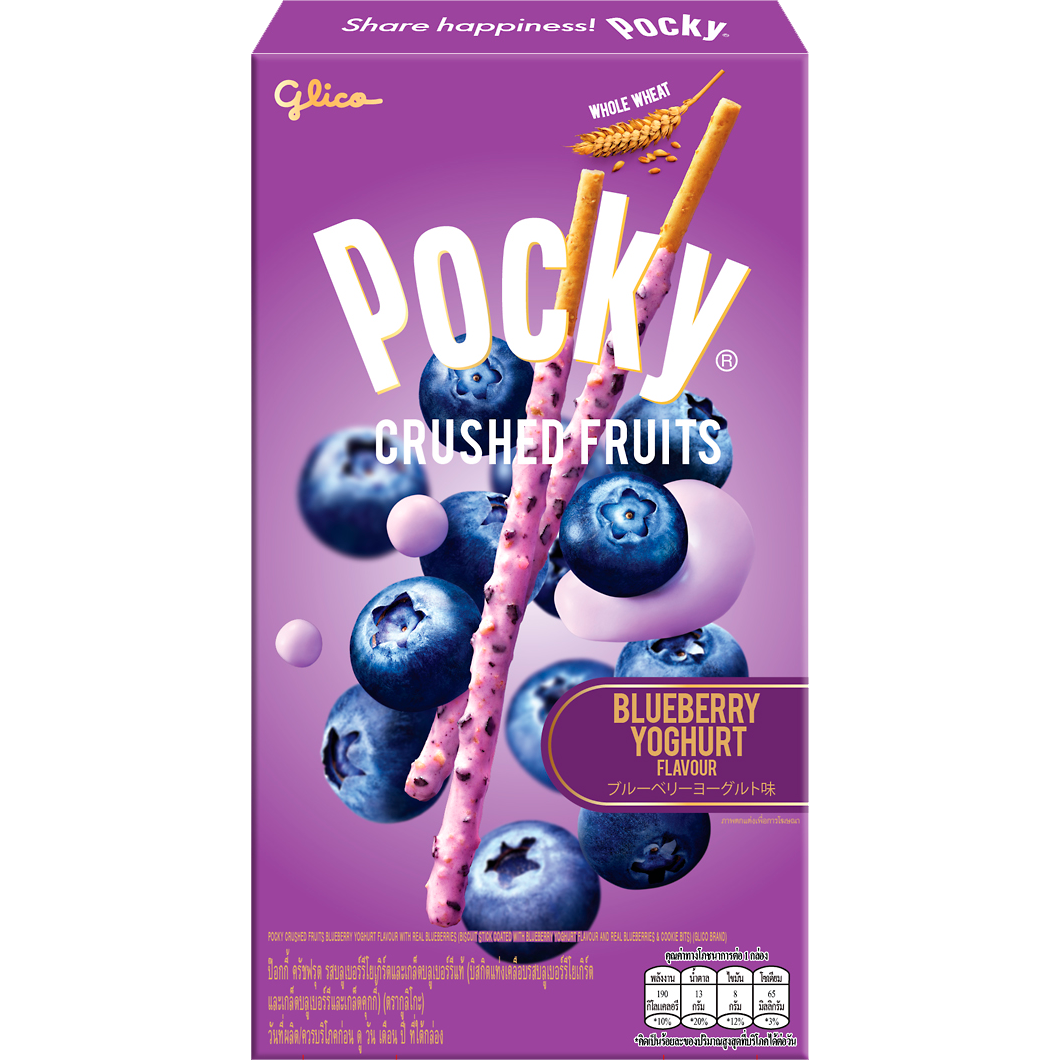 Glico Pocky Crushed Fruits Blueberry snack sticks with blueberry-flavored crushed fruit coating on crispy biscuit sticks.