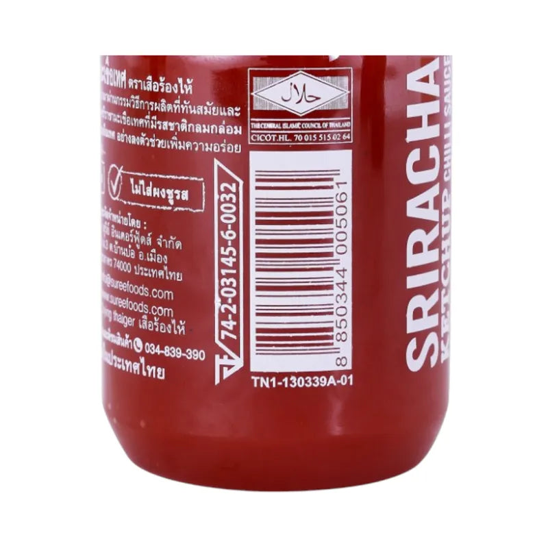 Crying Thaiger Sriracha Tomato Chili Sauce in 240g bottle, spicy Thai chili sauce with a tangy tomato flavor on a white background.