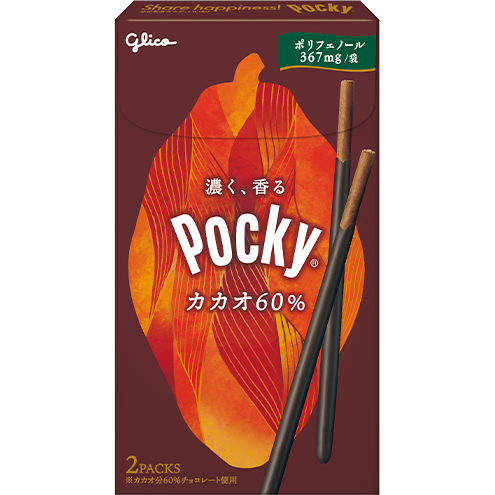 Glico Pocky Cacao 60% confectionery snacks featuring chocolate-coated biscuit sticks with rich cacao flavor.