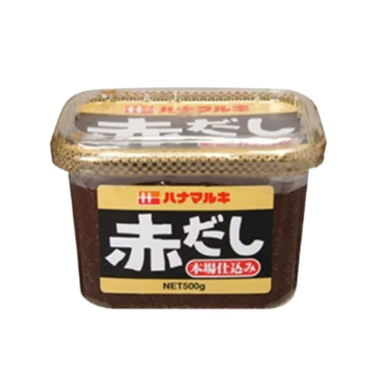 Hanamaruki Akadashi Honba Jikomi Miso made with soybeans, dry grocery product, showing a jar of rich, traditional Japanese miso paste.