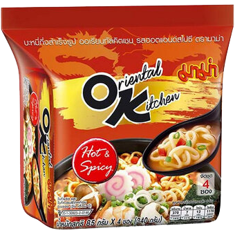 Mama Oriental Kitchen Hot & Spicy Flavour grocery product packaging with vibrant branding and spicy flavor details.