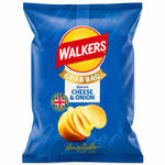 Walkers Cheese & Onion Crisps, savory confectionery snack with crispy texture and cheese and onion flavor, in a colorful bag