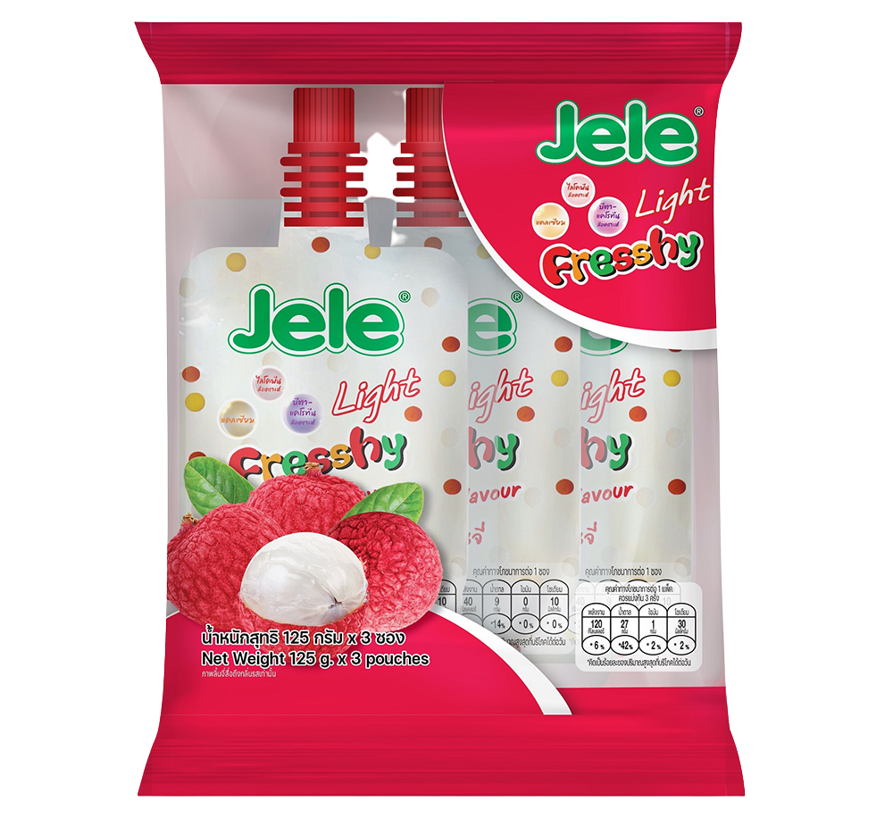 Jele Light Fresshy Lychee Flavor confectionery snack in a colorful wrapper, showcasing its lychee flavor and packaging.