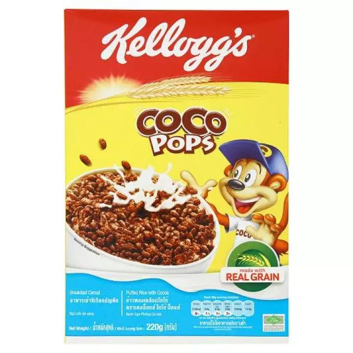 Kellogg's Cocoa Pops cereal box with colorful packaging and a bowl of chocolate-flavored cereal on the front.
