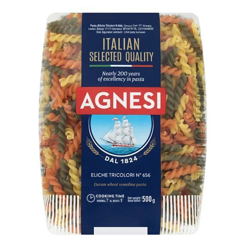AGNESI Eliche Tricolor pasta in 500g package, dry grocery product with colorful twisted pasta shapes.
