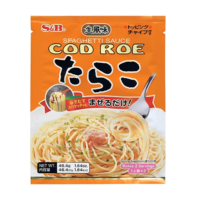 S&B Cod Roe Nama Fumi Tarako Spaghetti Sauce with dried chives in a jar, perfect for pasta dishes, dry grocery product