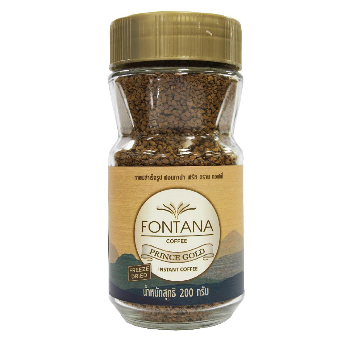 Glass of Fontana Prince Gold freeze-dried coffee drink with a spoon, showcasing the beverage's rich color and smooth texture.