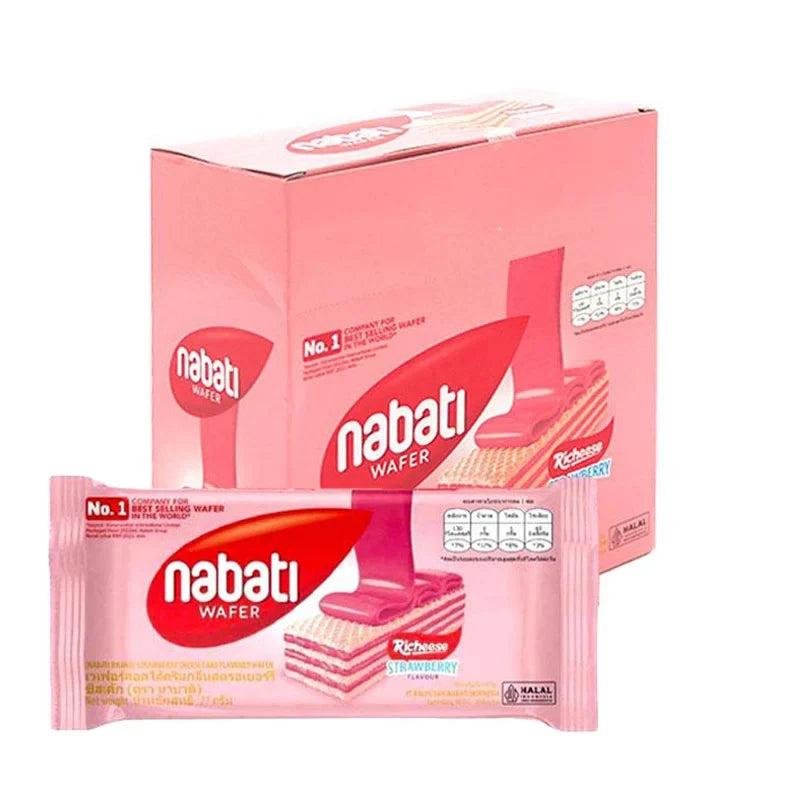 NABATI Nabati Wafer Strawberry snack in 27g package, showing crispy wafer layers with strawberry flavor in a colorful wrapper