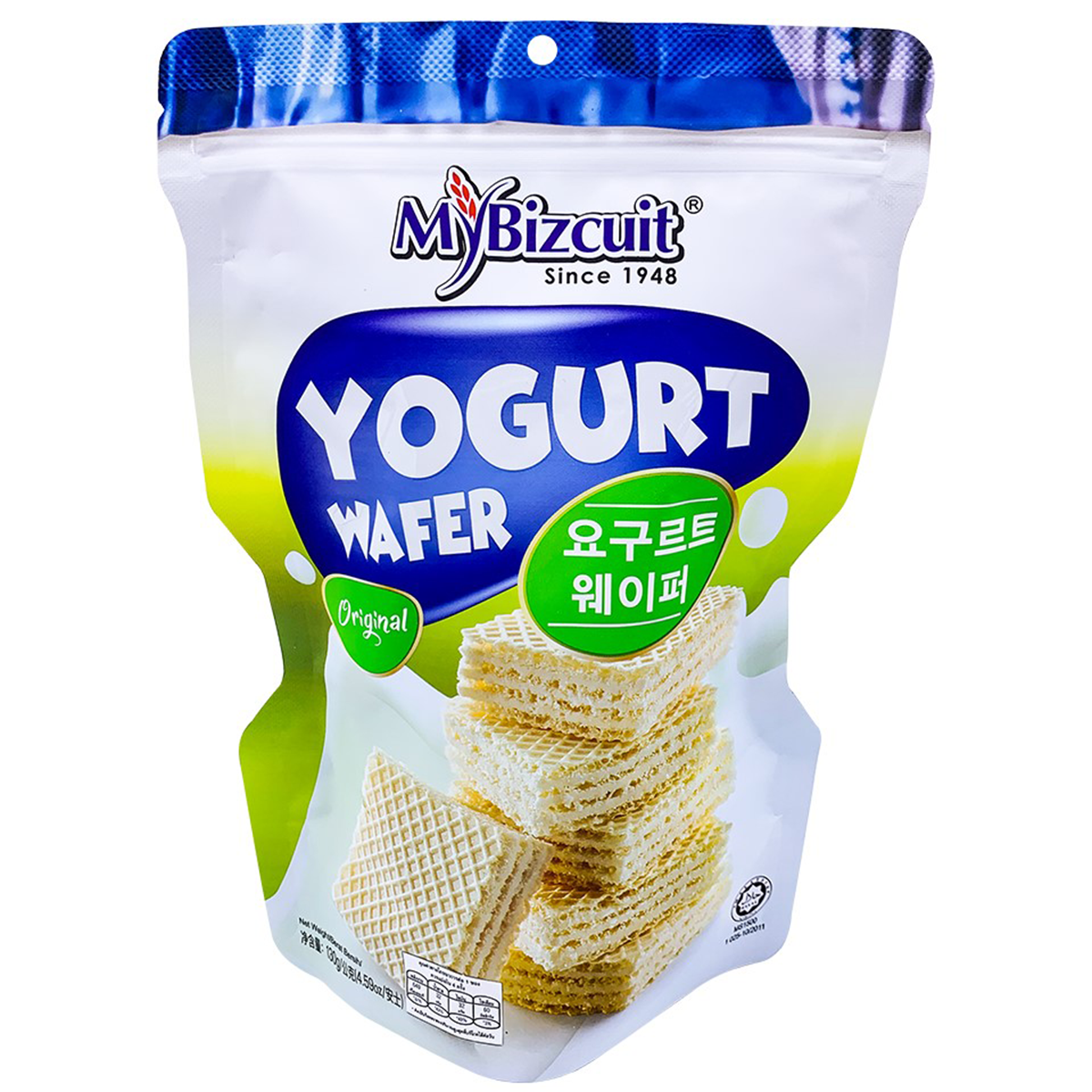 My Bizcuit Nuwafer Yogurt Wafer Original, a stack of crunchy yogurt-flavored wafer snacks from My Bizcuit.