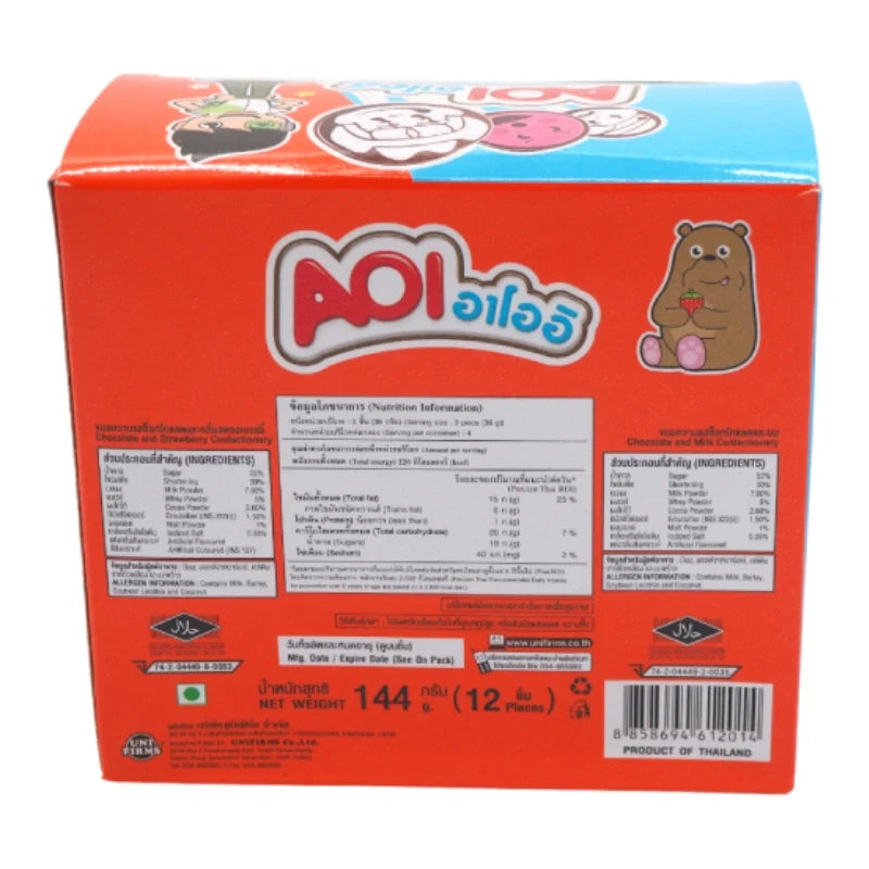 AOI chocolate with strawberry and milk confectionery, 12g dry grocery snack shown in the image