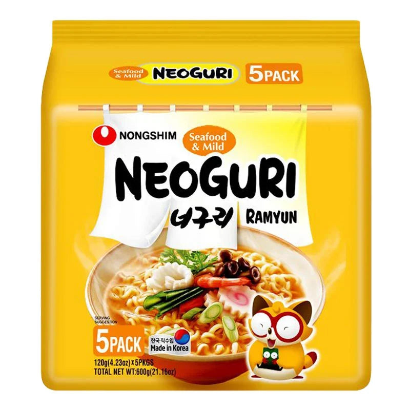 Nongshim Neoguri Mild Seafood instant noodles in 120g packs, showing the dry grocery packaging with seafood flavor branding