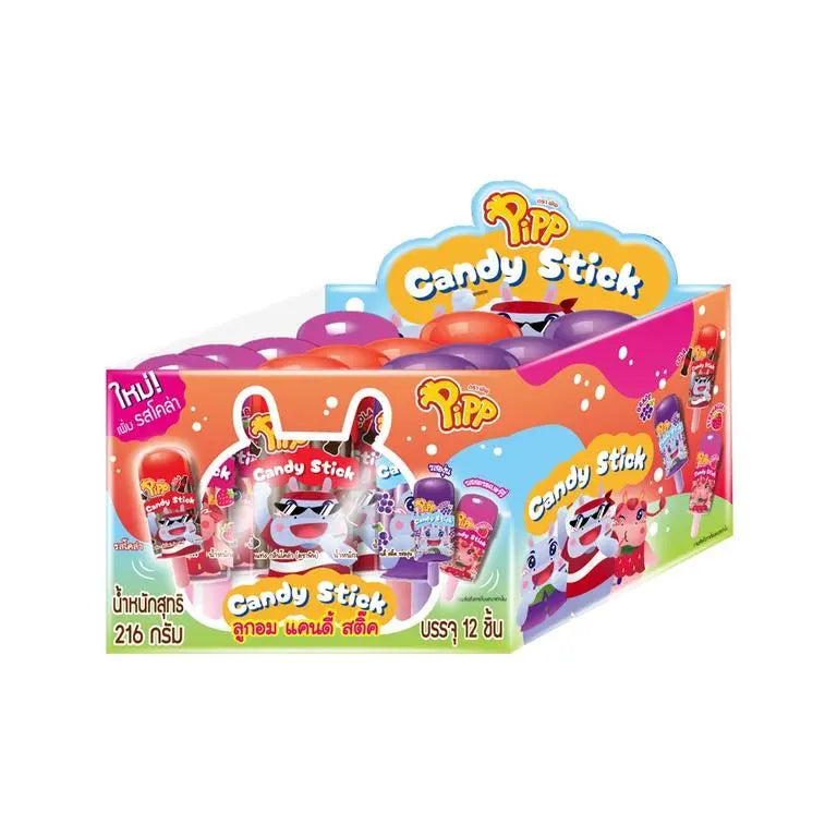 Pipp Grape Flavor Candy Stick, 18g, pack of 12, colorful grape-flavored confectionery snack in clear wrapper
