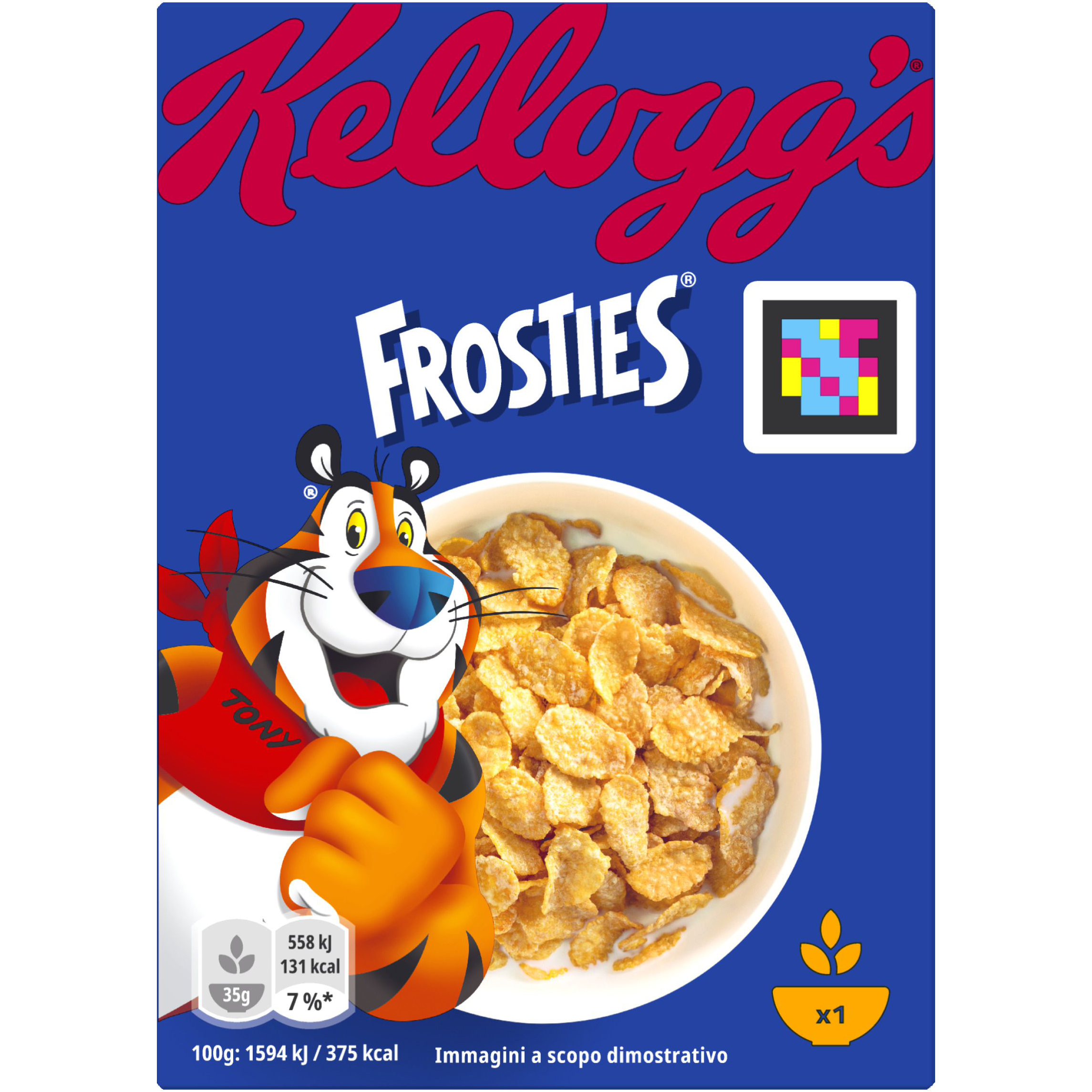 Bowl of Kellogg's Frosties cereal with milk in a white bowl on a table, close-up view of crispy, golden flakes