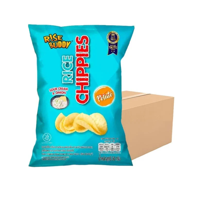 Rise Buddy Rice Chippies in a bowl, crispy snack made from rice, packaged as dry grocery snack confectionery by RISE BUDDY.