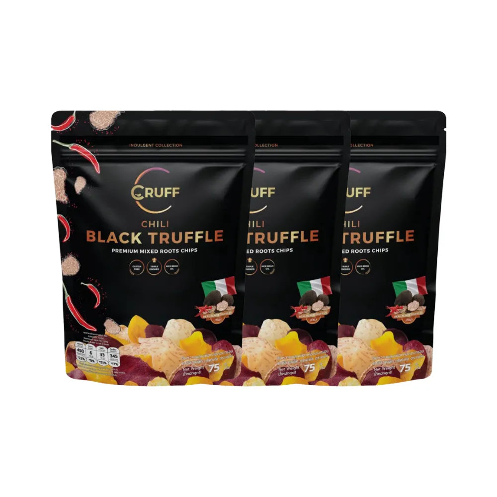 CRUFF multi-colored fried crispy potatoes snack with Chilean black truffle, featuring a vibrant, crunchy snack appearance.