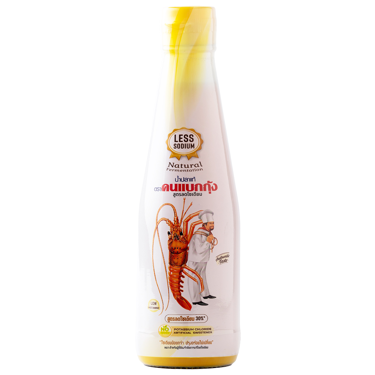 Cook And Lobster low sodium fish sauce bottle showing the label and clear liquid inside, ideal for enhancing Asian dishes.