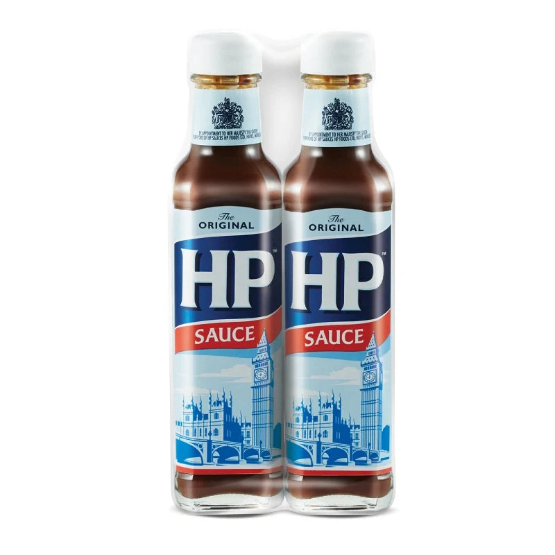 HP Worcestershire Sauce 255g bottles, shown side by side, in a dry grocery setting with labels visible on the bottles.