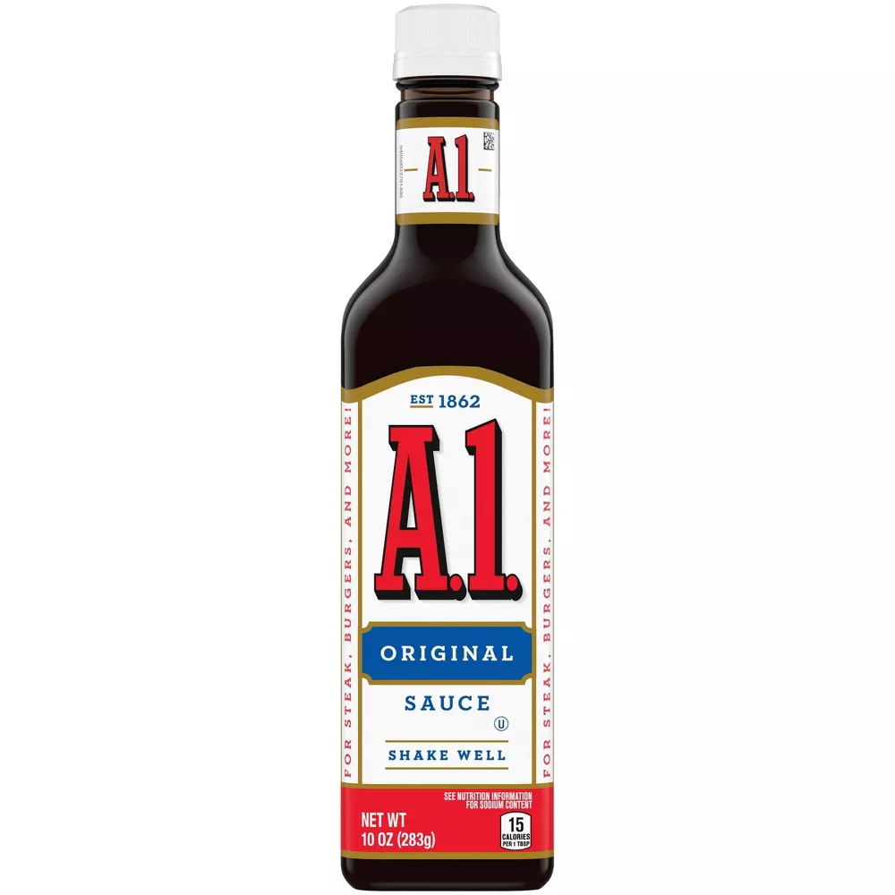 Kraft Steak Sauce bottle, grocery product with a dark brown sauce inside, designed for enhancing grilled steaks and meats.