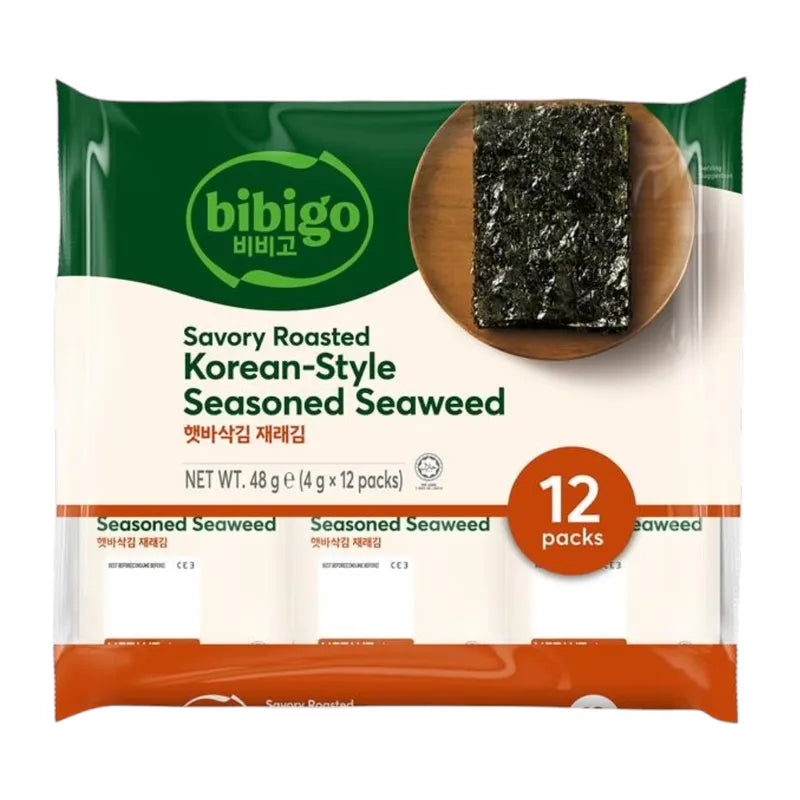 BIBIGO Bibigo savory roasted seasoned seaweed snack, 48g, crispy and flavorful nori sheets for snacking or salads.