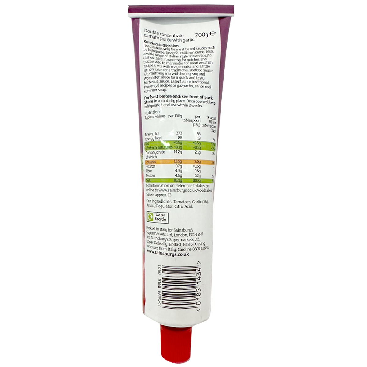 Sainsbury's Tomato Puree with Garlic jar showing label and product inside, ideal for cooking and adding flavor to dishes