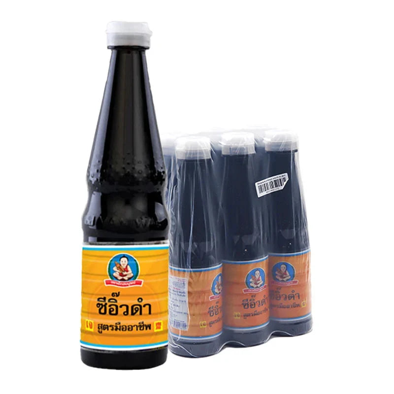 Six bottles of DEK SOM Boon Black Soy Sauce in 370ml bottles, arranged together for dry grocery storage.