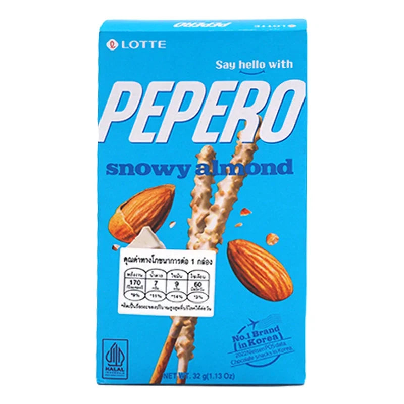 Lotte Snowy Almond Biscuit Stick 32g, a crunchy snack with almond flavor in a bright packaging, ideal for dry grocery and confectionery.