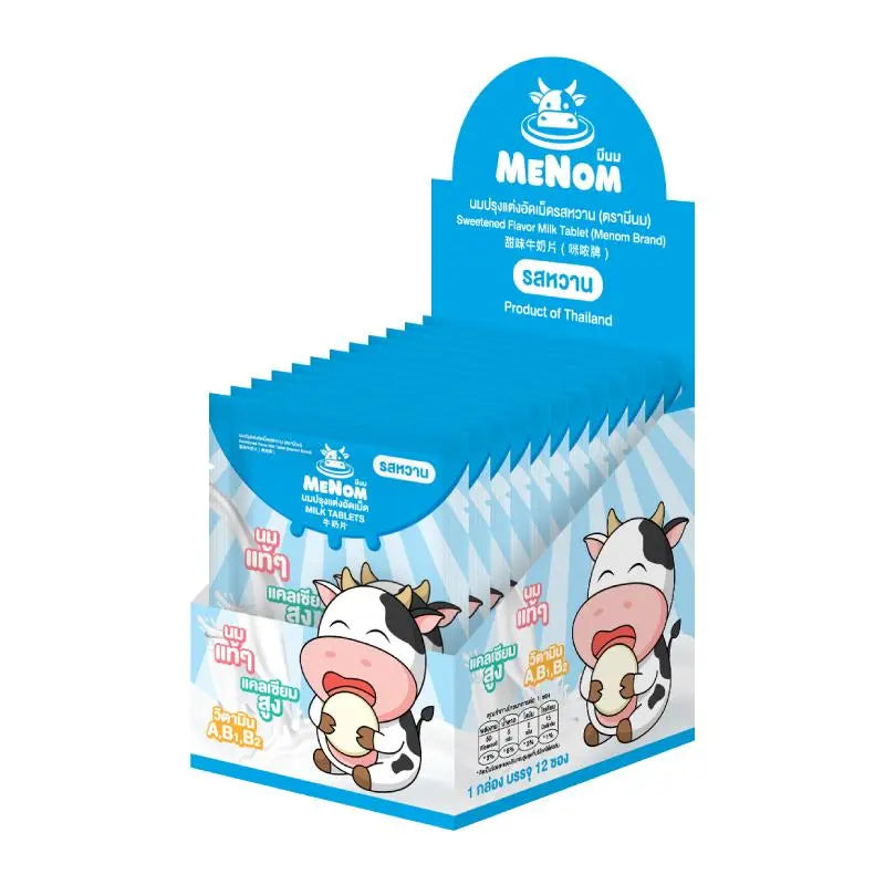 Menom Milk Tablets sweet snacks in 10g packs, 24 count, featuring creamy milk flavor and crunchy texture in dry grocery category.