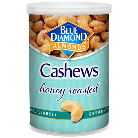 Blue Diamond Honey Roasted Cashews, confectionery snack with golden honey glaze and roasted cashews, close-up view.