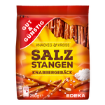 Gut & Gunstig Salz Stangen confectionery snack with crunchy, salted breadsticks in a clear package.