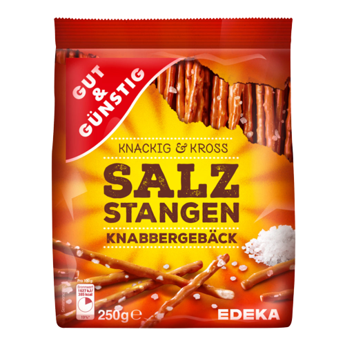 Gut & Gunstig Salz Stangen confectionery snack with crunchy, salted breadsticks in a clear package.