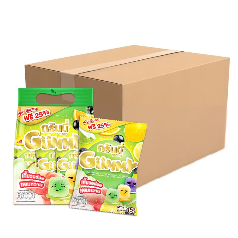 Grinny Tropical Fruits Flavour Gelatin Dessert 15g packets, colorful dry snack, perfect for fruity gelatin treats.