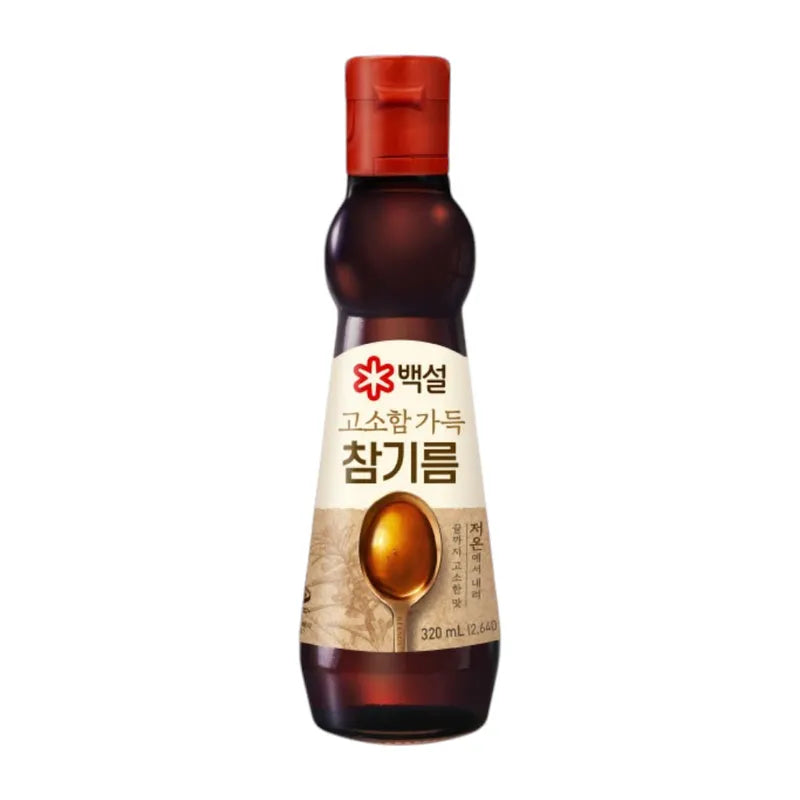 Beksul Sesame Oil 320ml bottle, clear plastic container with label, used for cooking and flavoring in Asian cuisine.