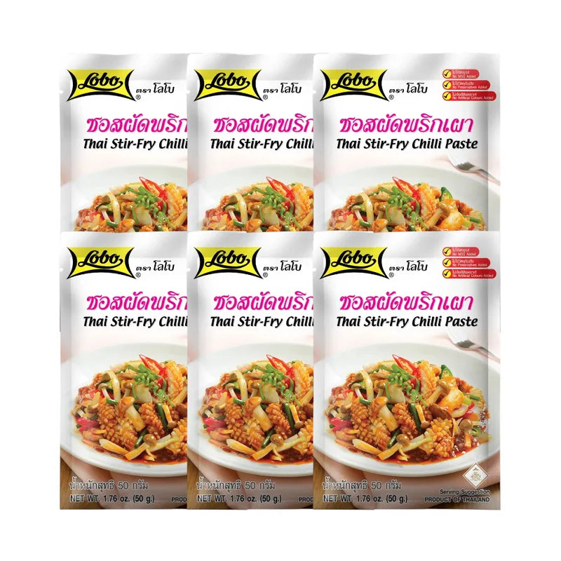Lobo Chili Paste Stir-fry Sauce 50g in a small jar, dry grocery product with red chili paste visible inside.