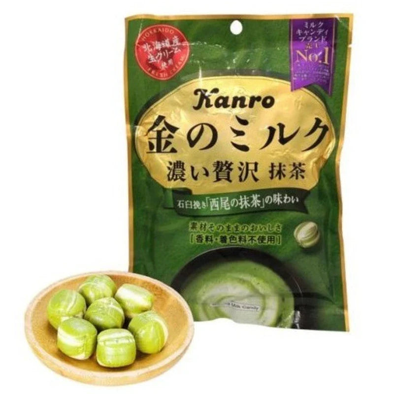 Kanro Matcha Milk Candy 61g, Japanese snack confectionery with green tea and milk flavor, in colorful packaging.
