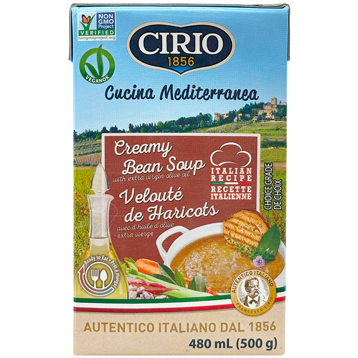 Cirio Creamy Beans Soup in a bowl, showcasing smooth texture and creamy appearance, in a grocery product image.