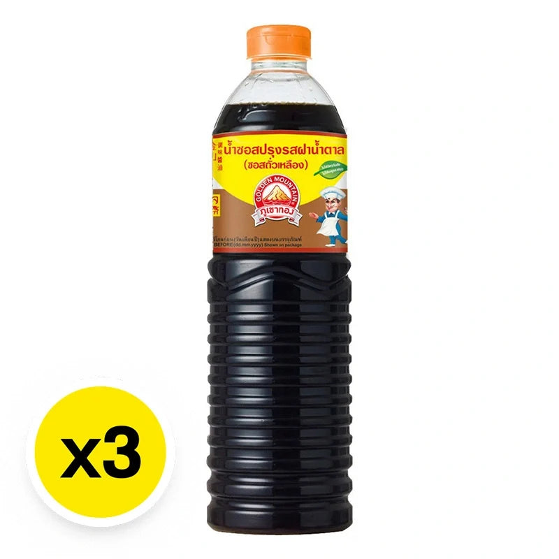 Golden Mountain Sauce Brown in 1L bottles, three-pack, popular dry grocery condiment with rich, savory flavor from the Golden Mountain brand.