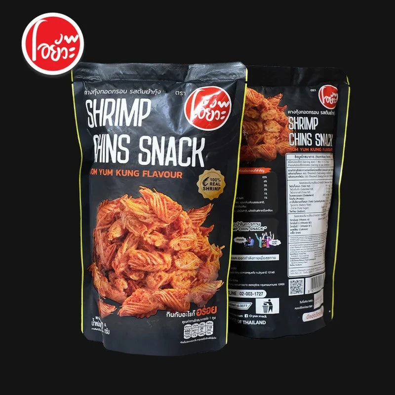 O-yua Crispy Fried Shrimp Chins snack with Tom Yum Kung flavor, featuring golden, crunchy shrimp chins in a 72g package.