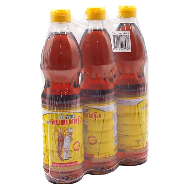 Cook&lobster fish sauce Pet 700ml bottles, three-pack, in clear containers, suitable for cooking and flavoring dishes.