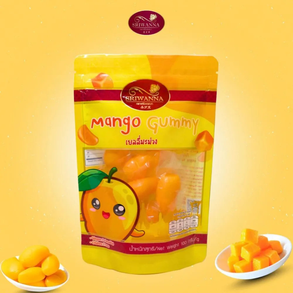 Sriwanna Mango Gummy 100g, dried mango-flavored gummy candies from Sriwanna, shown in a clear package.