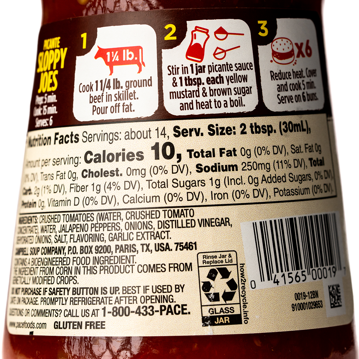 Bottle of Pace Original Picante Hot Sauce with vibrant red sauce visible inside, labeled as Pace hot sauce for groceries.