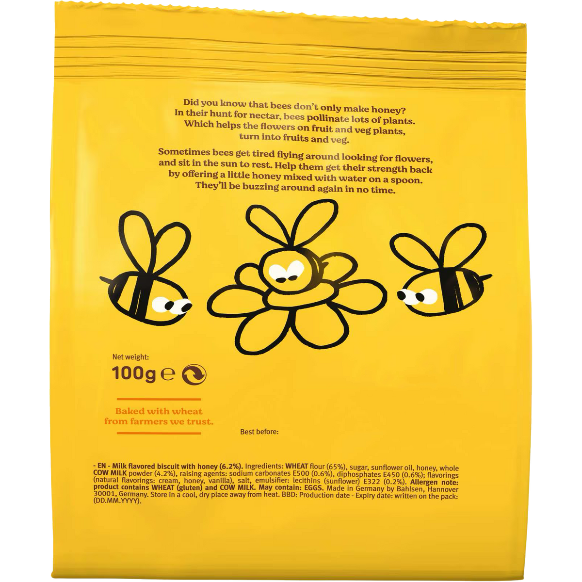 Bahlsen Leibniz Zoo Milk and Honey Biscuits, confectionery snacks with playful animal shapes and honey flavor, on a white background.