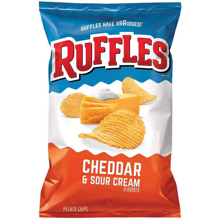 Ruffles Cheddar & Sour Cream potato chips in a bowl, showing ruffled texture and vibrant cheese flavor.