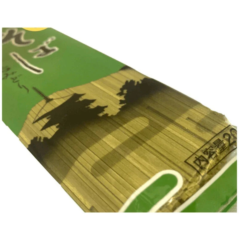Kanesu Chasoba Uji Midori green tea soba noodles in dry grocery packaging, made with authentic Japanese green tea for flavorful Japanese cuisine.