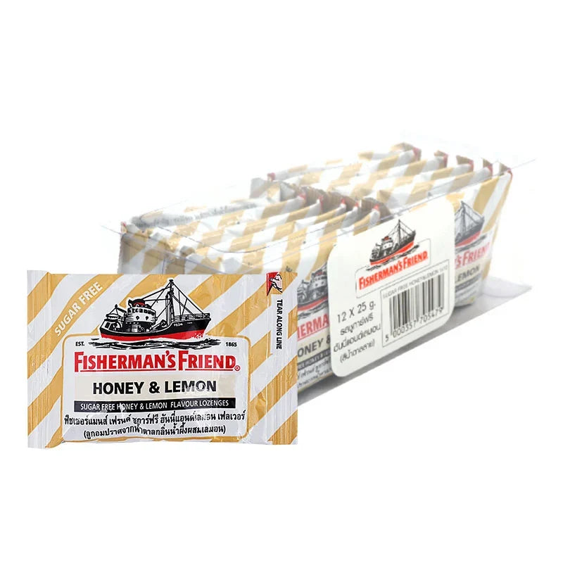 Fisherman's Friend Honey Lemon Lozenges, a pack of 12, featuring bright yellow and honey lemon flavored candies used as cough drops.