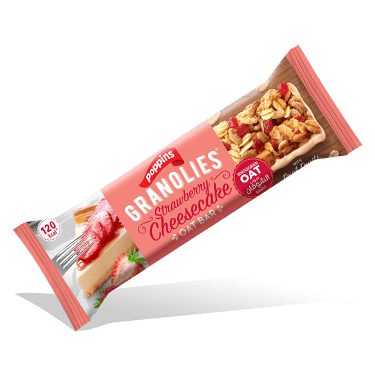 Poppins Granolies Oat Bar in Strawberry Cheesecake flavor, showing a close-up of the snack bar with oats and strawberry cheesecake ingredients.