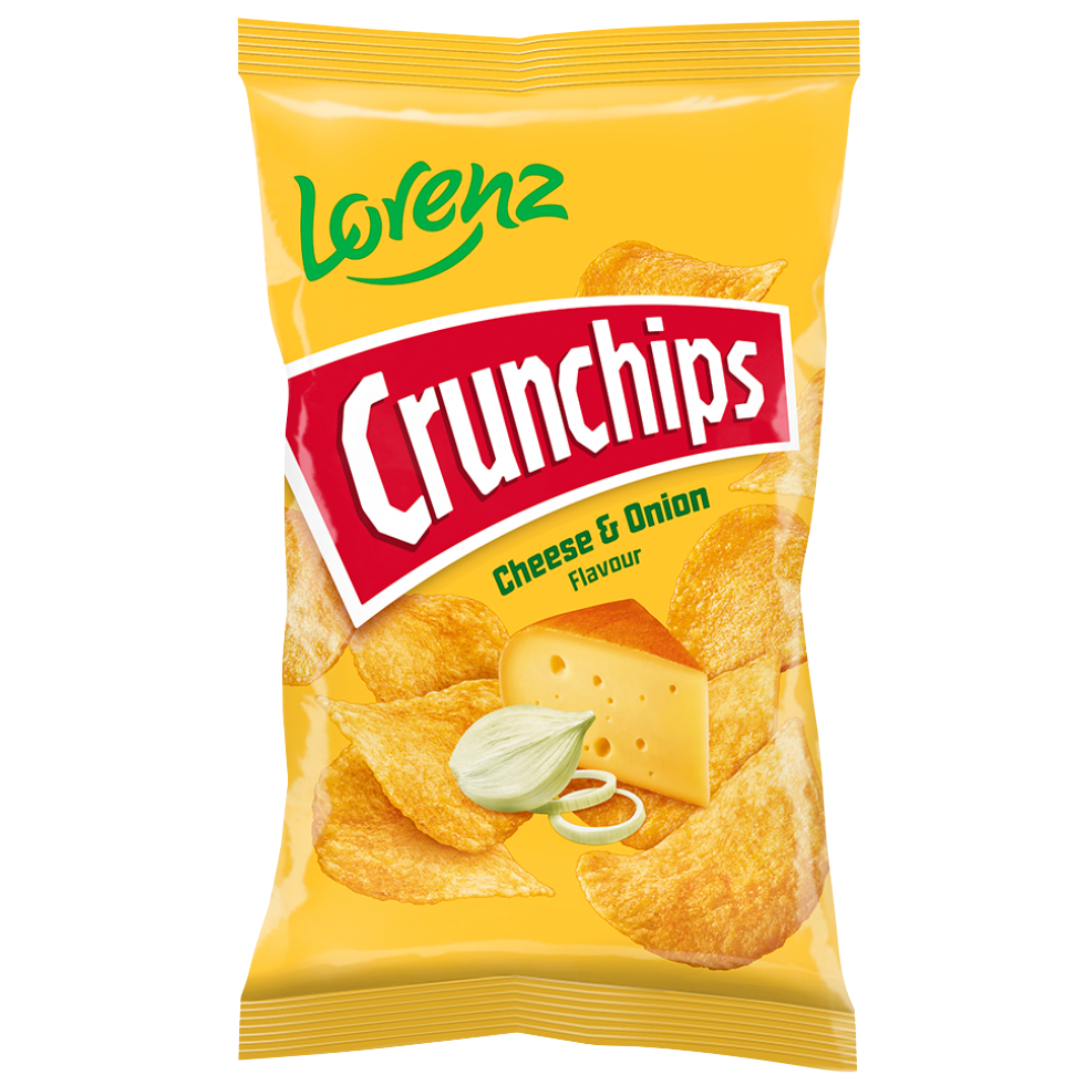 Lorenz Crunchips Cheese & Onion confectionery snacks in a colorful bag, showcasing crispy chips with cheese and onion flavor
