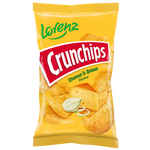 Lorenz Crunchips Cheese & Onion confectionery snacks in a colorful bag, showcasing crispy chips with cheese and onion flavor