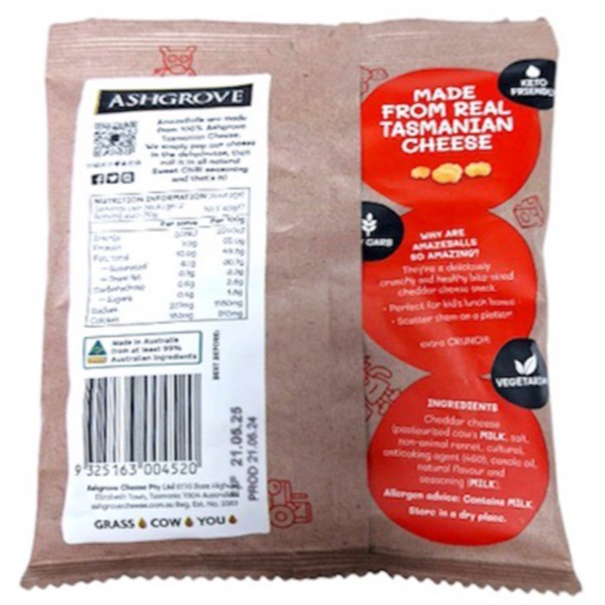 Amazeballs Sweet Chilli and Sour Cream confectionery snacks in a colorful package, showcasing the snack balls with vibrant toppings.