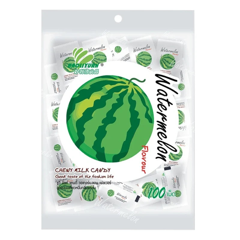 Haoliyuan Chewy Milk Watermelon snack in 360g package, showing colorful watermelon-flavored chewy candies in a clear bag.